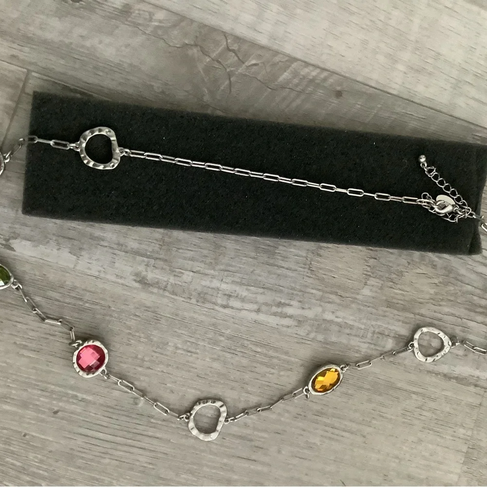 Vintage Signed Lia Sophia Paper Clip Chain Abstract Pastel Glass Stone Necklace